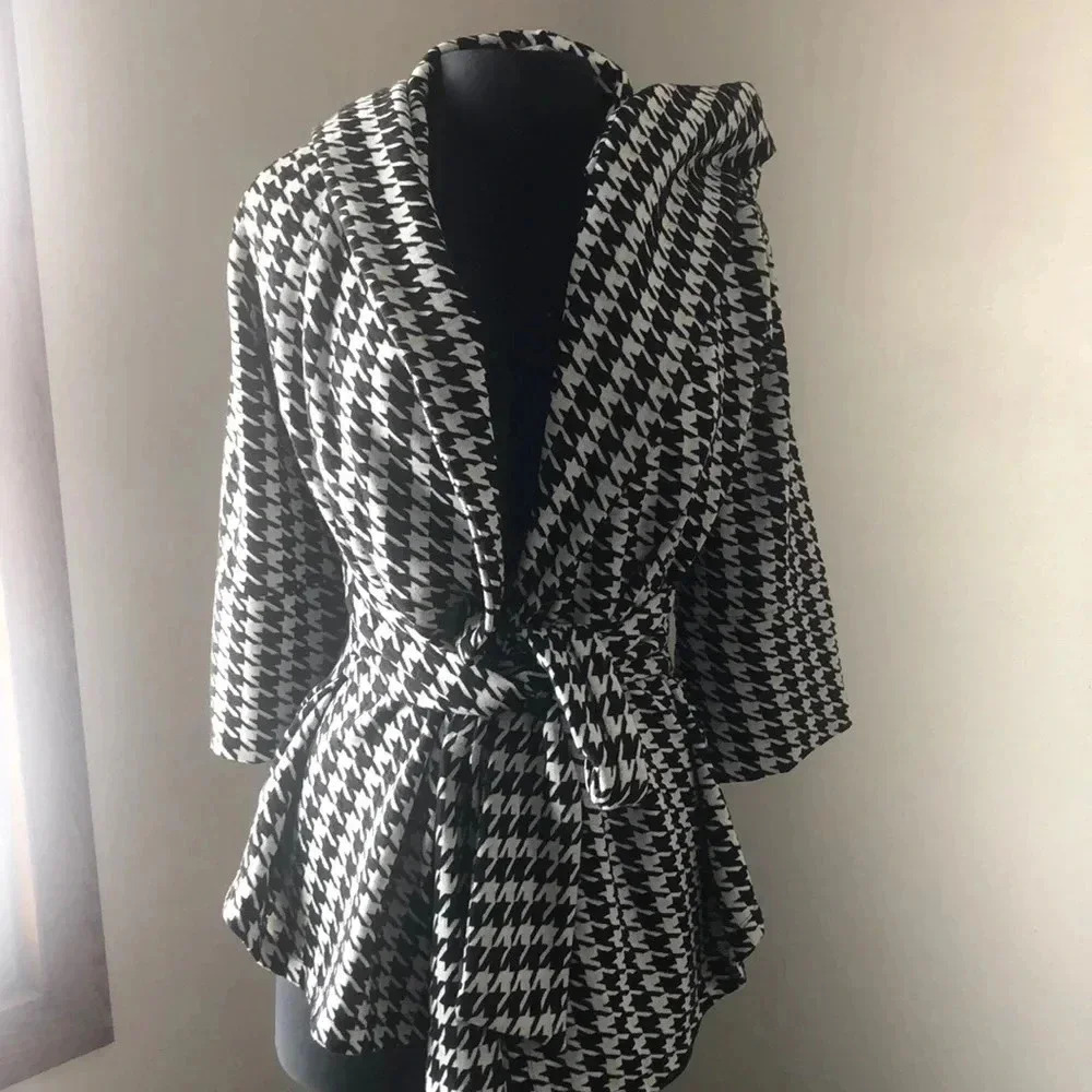 Xtaren Houndstooth Hooded Wrap Jacket Black White 3/4 Sleeve Tie Waist Blazer